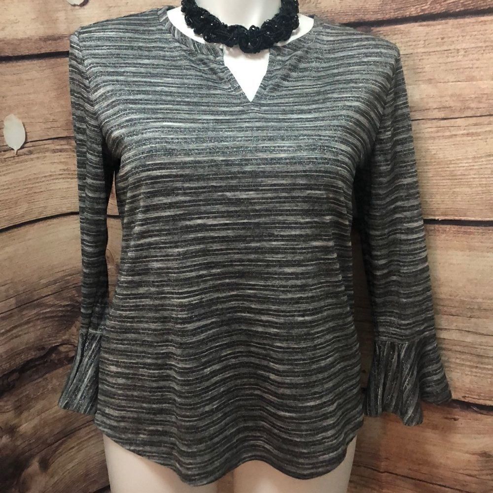 Liz Claiborne bell sleeve silver and black top